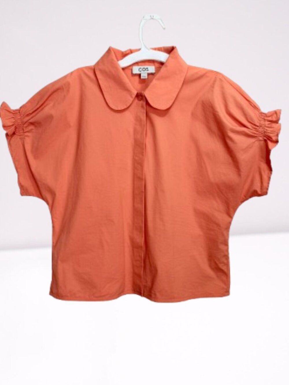 COS NWOT Poplin Crop Blouse Peter Pan Collar Puff Sleeve Size US M Salmon Color - Picture 2 of 9